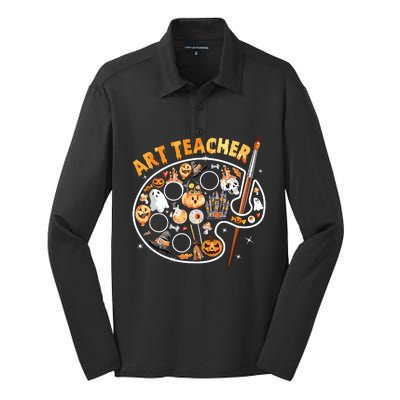 Art Teacher Spooky Pumpkin Halloween Silk Touch Performance Long Sleeve Polo