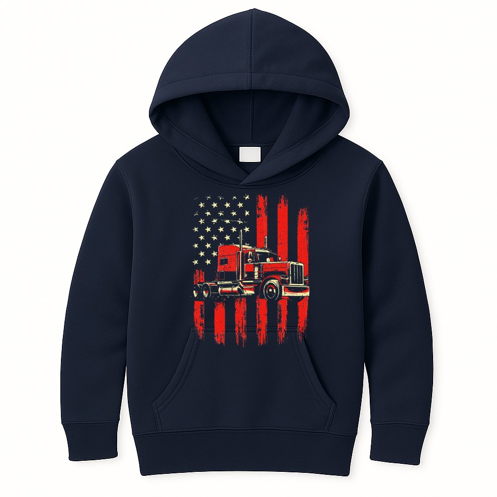 American Trucker Semi Truck Driver Trucking Big Rig Kids Hoodie