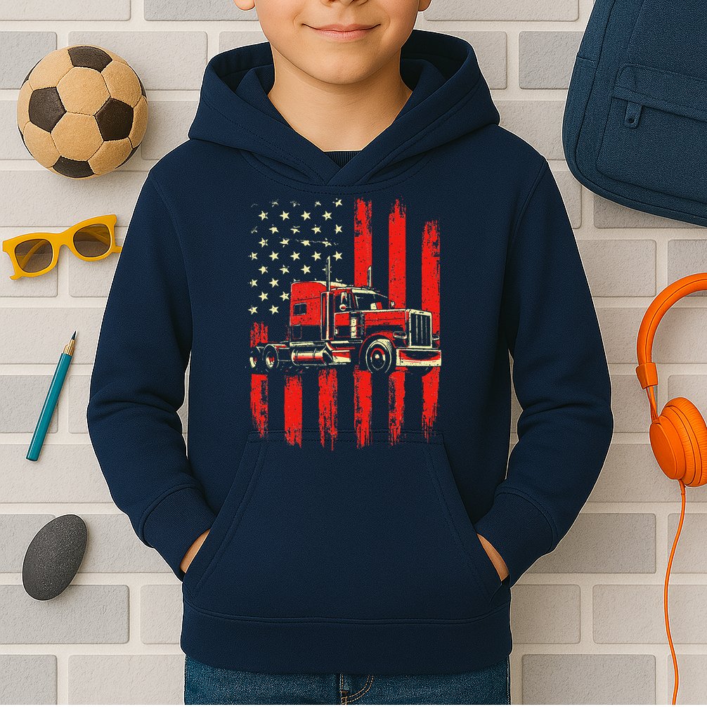 American Trucker Semi Truck Driver Trucking Big Rig Kids Hoodie