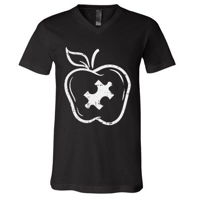 Autism Teacher Special Education Awareness Apple V-Neck T-Shirt