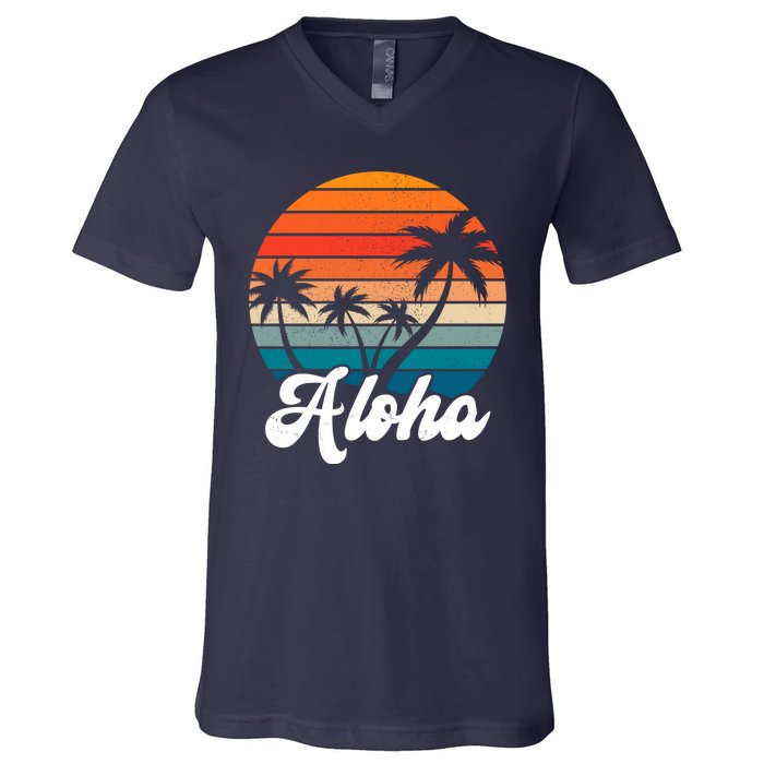 Aloha Tropical Sunset Vintage Vacation V-Neck T-Shirt