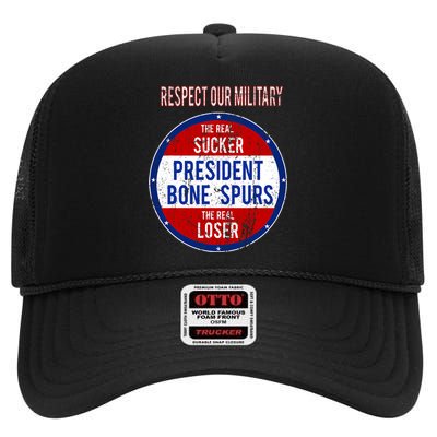 Anti Trump Sucker Loser We Respect Our Military High Crown Mesh Back Trucker Hat