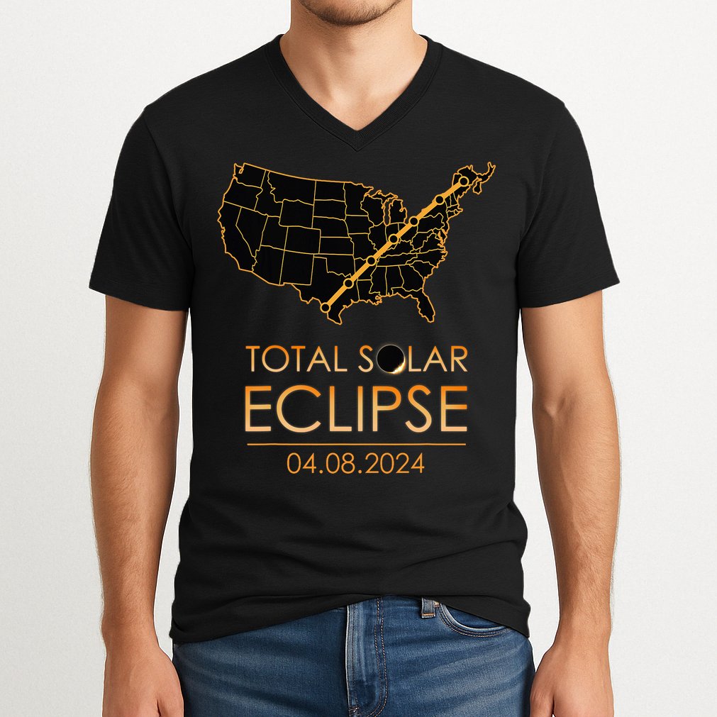 America Total Solar Eclipse April 8 2024 Usa Map Totality V-Neck T-Shirt