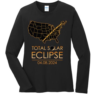 America Total Solar Eclipse April 8 2024 Usa Map Totality Ladies Long Sleeve Shirt