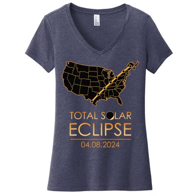 America Total Solar Eclipse April 8 2024 Usa Map Totality Women's V-Neck T-Shirt