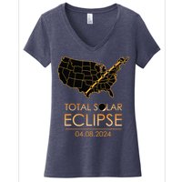 America Total Solar Eclipse April 8 2024 Usa Map Totality Women's V-Neck T-Shirt