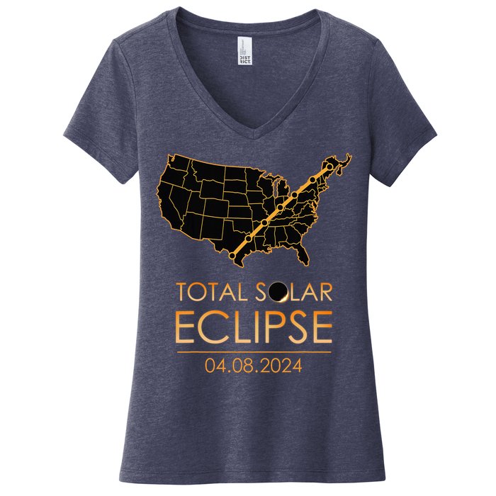 America Total Solar Eclipse April 8 2024 Usa Map Totality Women's V-Neck T-Shirt