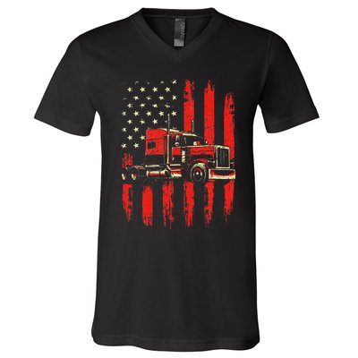 American Trucker Semi Truck Driver Trucking Big Rig V-Neck T-Shirt