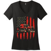 American Trucker Semi Truck Driver Trucking Big Rig Women's V-Neck T-Shirt