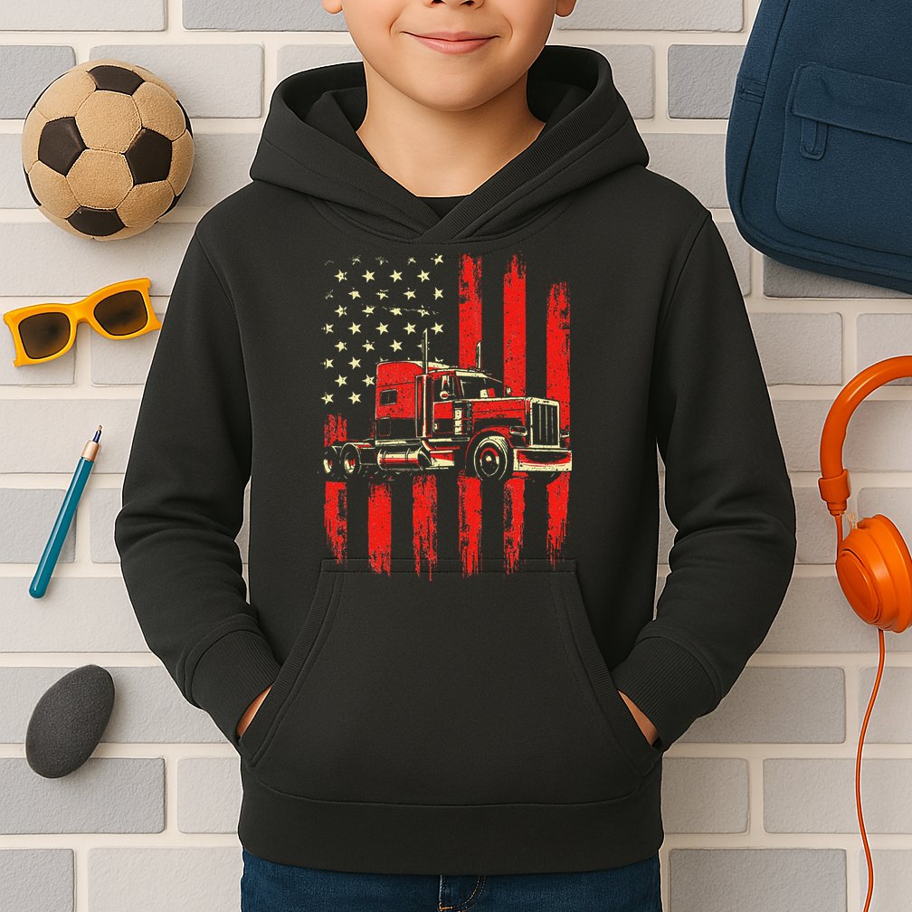 American Trucker Semi Truck Driver Trucking Big Rig Kids Hoodie