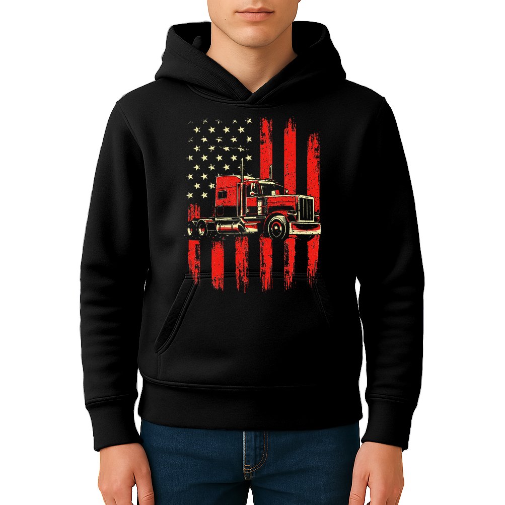 American Trucker Semi Truck Driver Trucking Big Rig Kids Hoodie