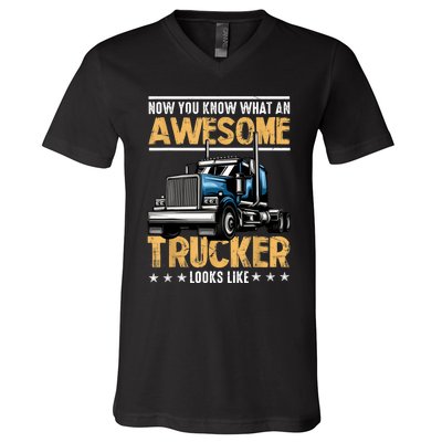 Awesome Trucker Semi Truck Driver 18 Wheeler Mechanic Funny V-Neck T-Shirt