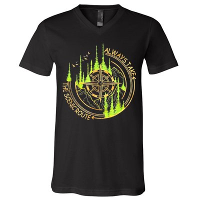 Always Take The Scenic Route Funny Adventure Hiking Camping V-Neck T-Shirt