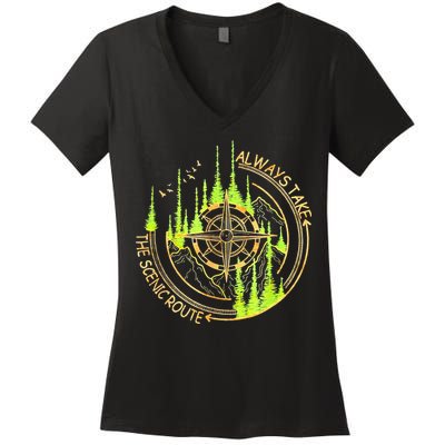 Always Take The Scenic Route Funny Adventure Hiking Camping Women's V-Neck T-Shirt