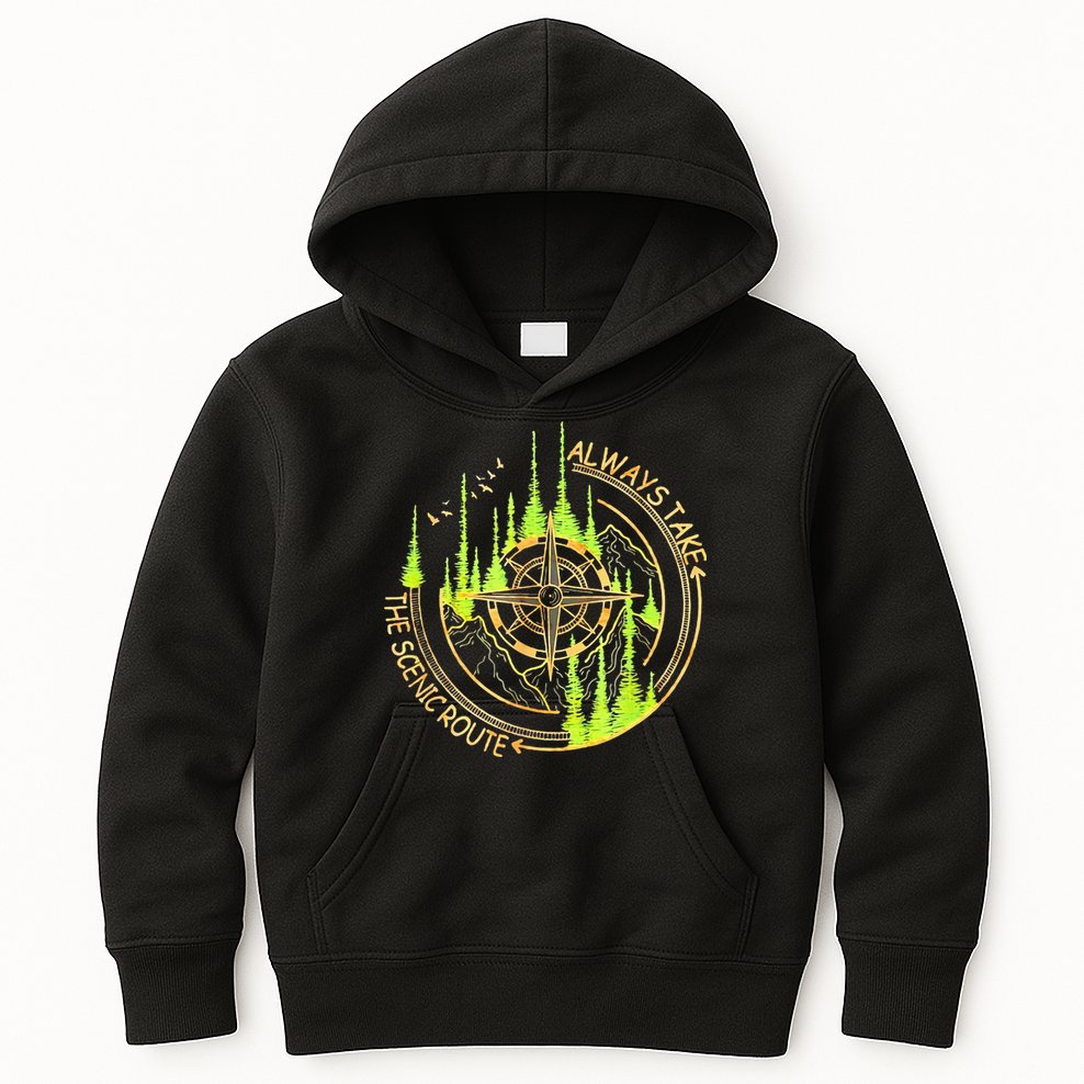 Always Take The Scenic Route Funny Adventure Hiking Camping Kids Hoodie