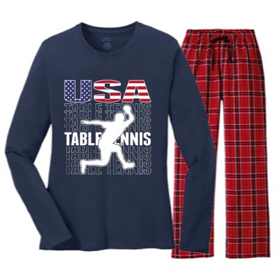 America Table Tennis Fans Jersey American Flag Ping Pong Art Premium Women's Long Sleeve Flannel Pajama Set 