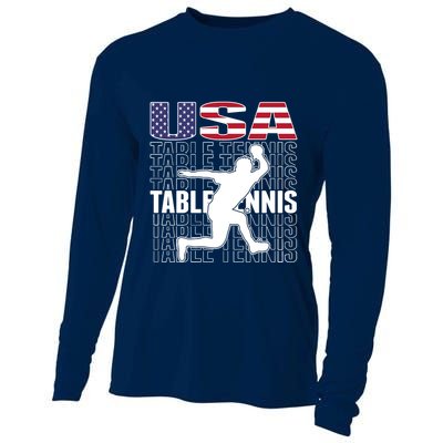 America Table Tennis Fans Jersey American Flag Ping Pong Art Premium Cooling Performance Long Sleeve Crew