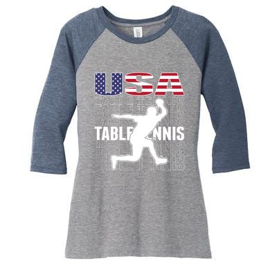 America Table Tennis Fans Jersey American Flag Ping Pong Art Premium Women's Tri-Blend 3/4-Sleeve Raglan Shirt