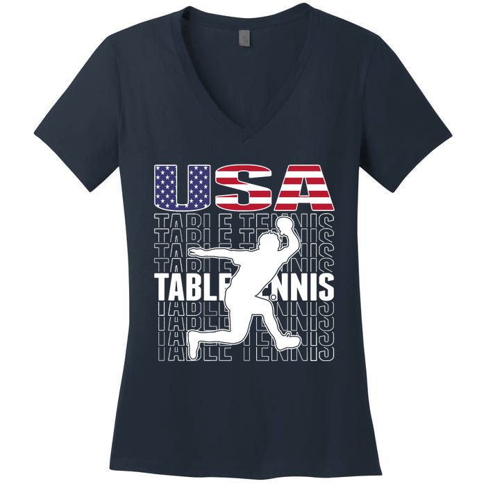 America Table Tennis Fans Jersey American Flag Ping Pong Art Premium Women's V-Neck T-Shirt