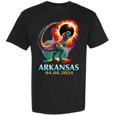 Arkansas Totality Total Solar Eclipse 2024 T Rex Dinosaur Garment-Dyed Heavyweight T-Shirt