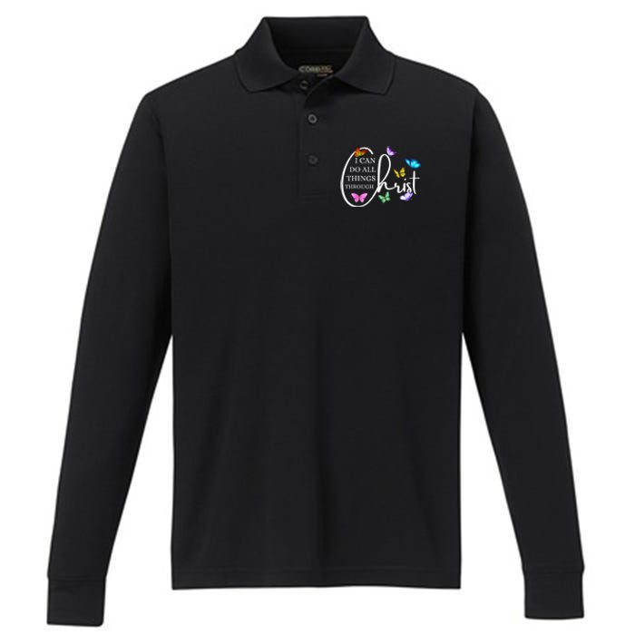 All Things Through Christ Faith Based Christian Graphic Performance Long Sleeve Polo