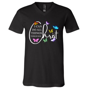 All Things Through Christ Faith Based Christian Graphic V-Neck T-Shirt