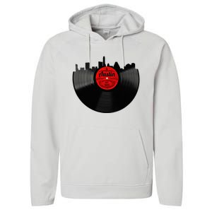 Austin Texas Vinyl Record Musical Gift Retro Austin Skyline Performance Fleece Hoodie