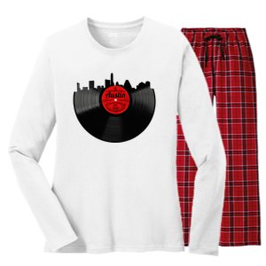 Austin Texas Vinyl Record Musical Gift Retro Austin Skyline Women's Long Sleeve Flannel Pajama Set 