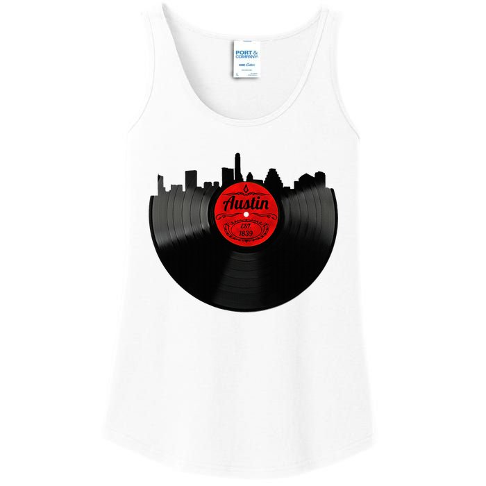 Austin Texas Vinyl Record Musical Gift Retro Austin Skyline Ladies Essential Tank