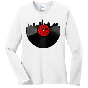 Austin Texas Vinyl Record Musical Gift Retro Austin Skyline Ladies Long Sleeve Shirt