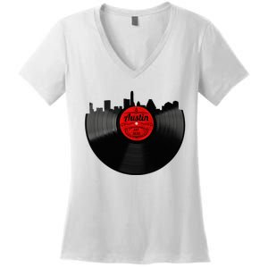 Austin Texas Vinyl Record Musical Gift Retro Austin Skyline Women's V-Neck T-Shirt