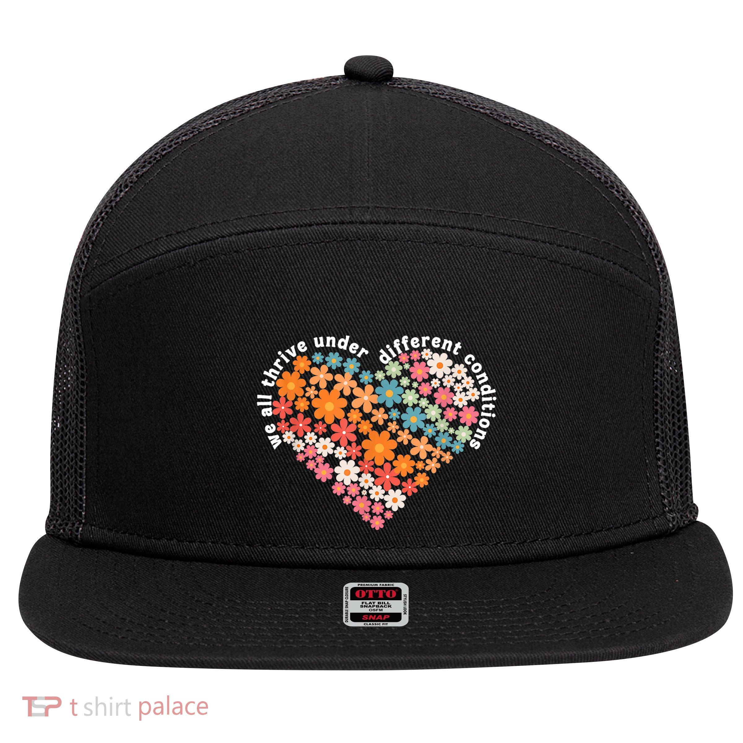 Autism Therapy We All Thrive Under Different Conditions 7 Panel Mesh Trucker Snapback Hat