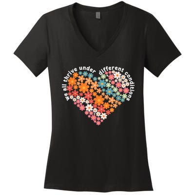 Autism Therapy We All Thrive Under Different Conditions Women's V-Neck T-Shirt