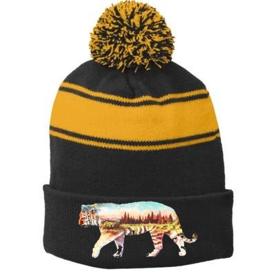 Adventurous Tiger Wilderness Graphic Stripe Pom Pom Beanie