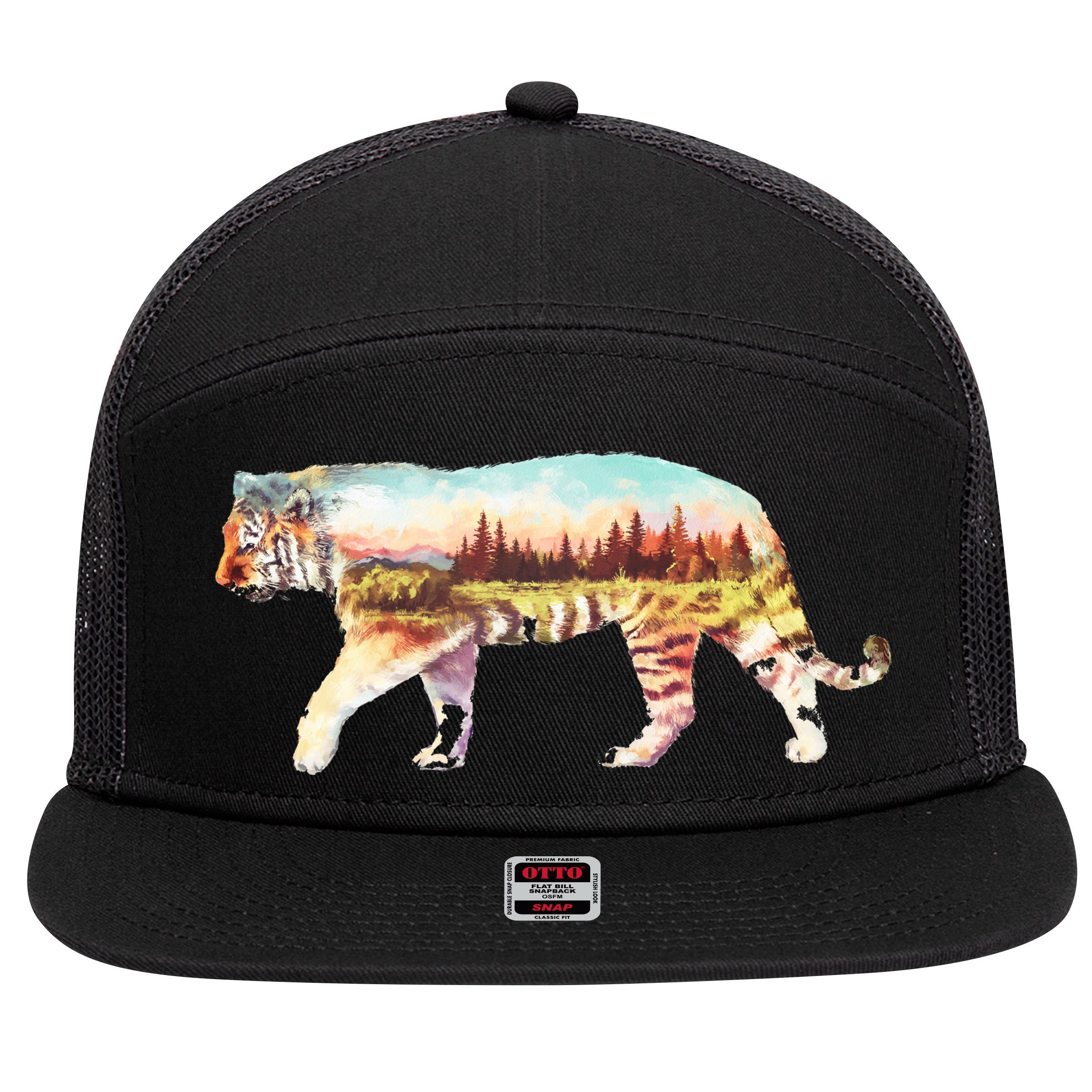 Adventurous Tiger Wilderness Graphic 7 Panel Mesh Trucker Snapback Hat