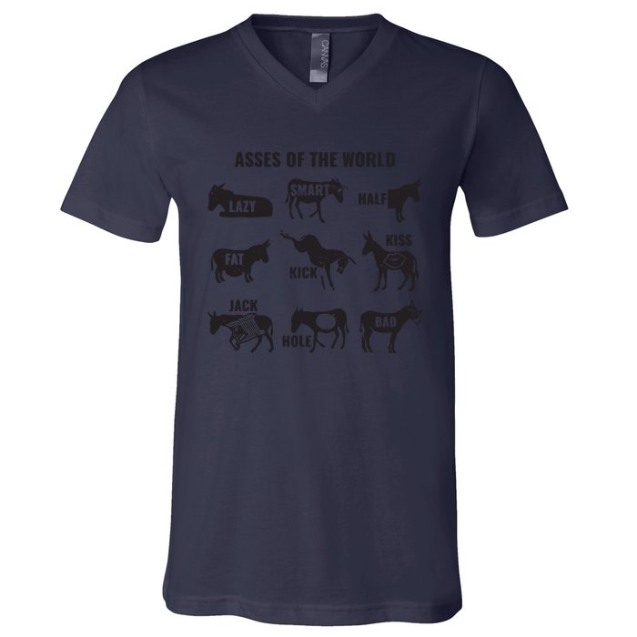 Asses The World Funny Lazy Smart Half Fat Kick Kick Donkey V-Neck T-Shirt