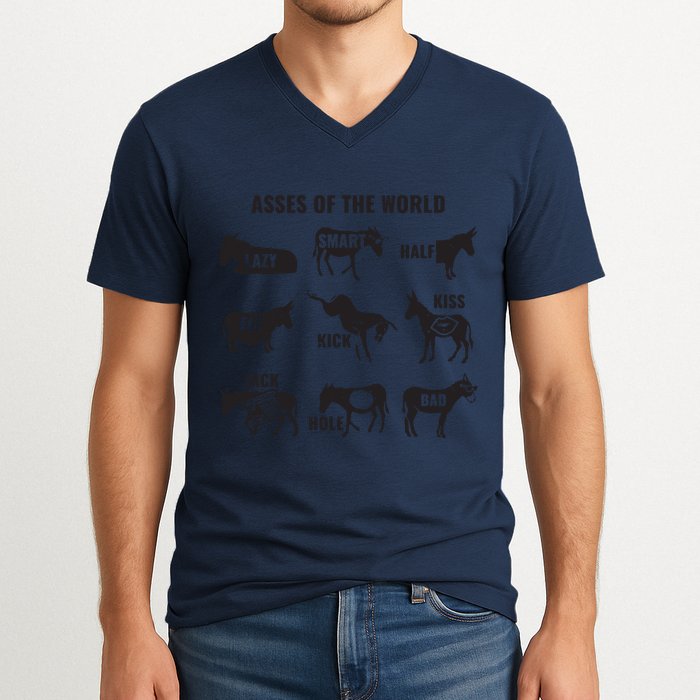 Asses The World Funny Lazy Smart Half Fat Kick Kick Donkey V-Neck T-Shirt