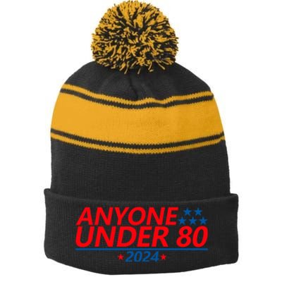 Anyone Under 80 2024 Funny Stripe Pom Pom Beanie