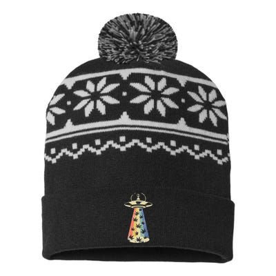 Alien UFO Abduction Weed Cannabis Marijuana Leaf Funny USA-Made Snowflake Beanie