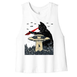 Alien Ufo Abduction Laser Eye Funny Cat Women's Racerback Cropped Tank