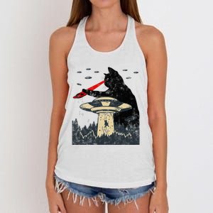 Alien Ufo Abduction Laser Eye Funny Cat Women's Knotted Racerback Tank