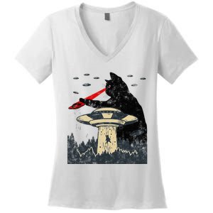 Alien Ufo Abduction Laser Eye Funny Cat Women's V-Neck T-Shirt