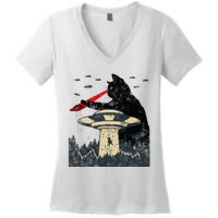 Alien Ufo Abduction Laser Eye Funny Cat Women's V-Neck T-Shirt