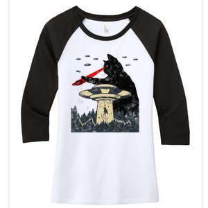 Alien Ufo Abduction Laser Eye Funny Cat Women's Tri-Blend 3/4-Sleeve Raglan Shirt