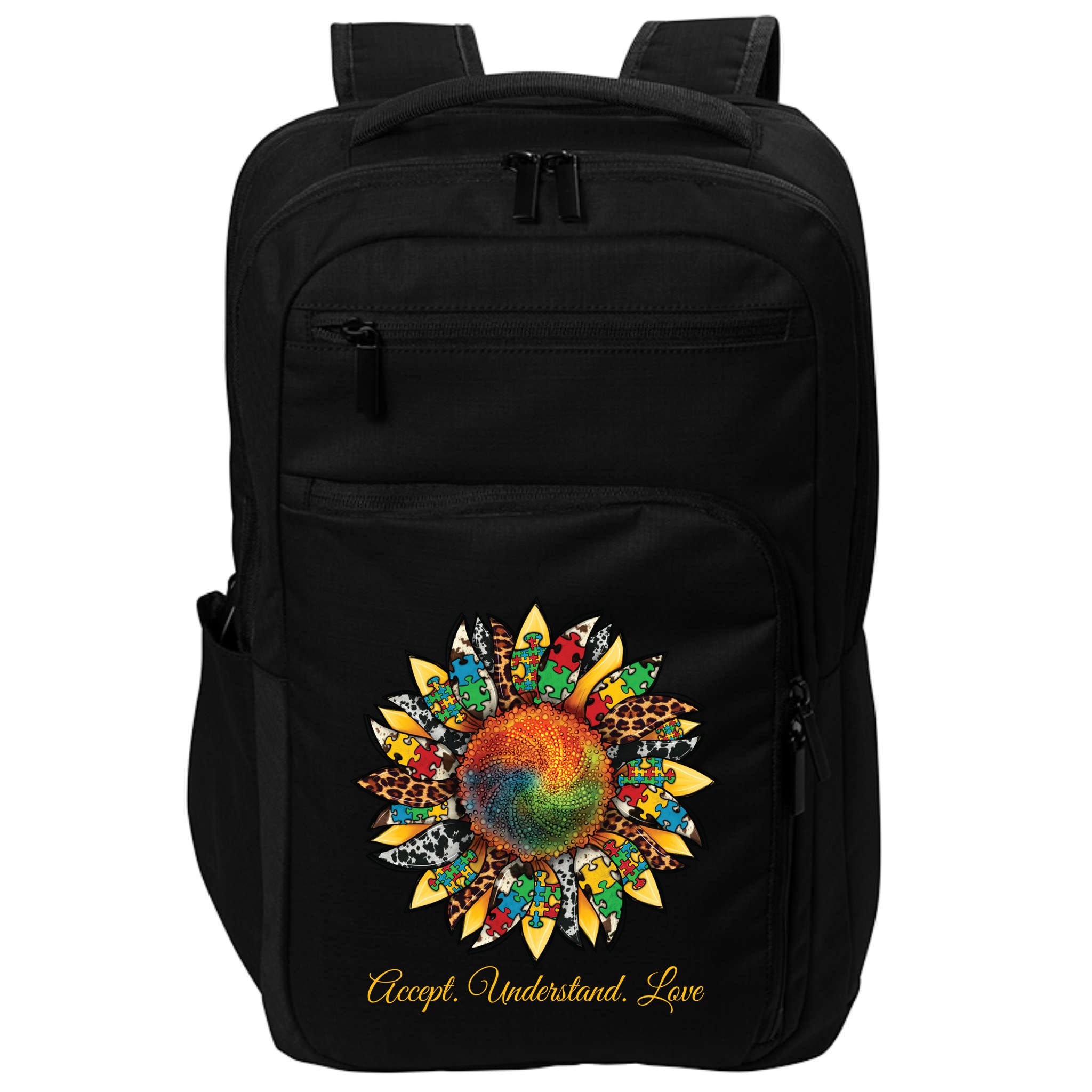 Accept Understand And Love Autism Awareness Sunflower Impact Tech Backpack