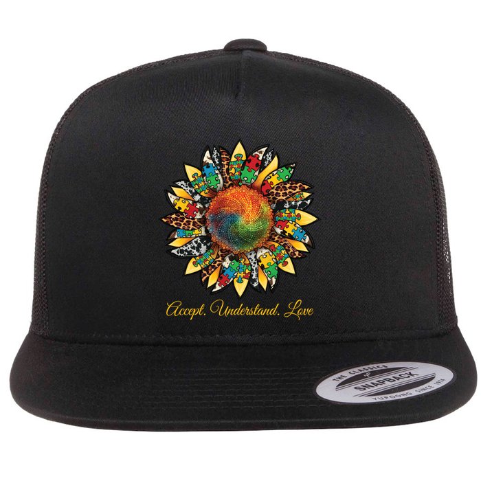 Accept Understand And Love Autism Awareness Sunflower Flatbill Hat