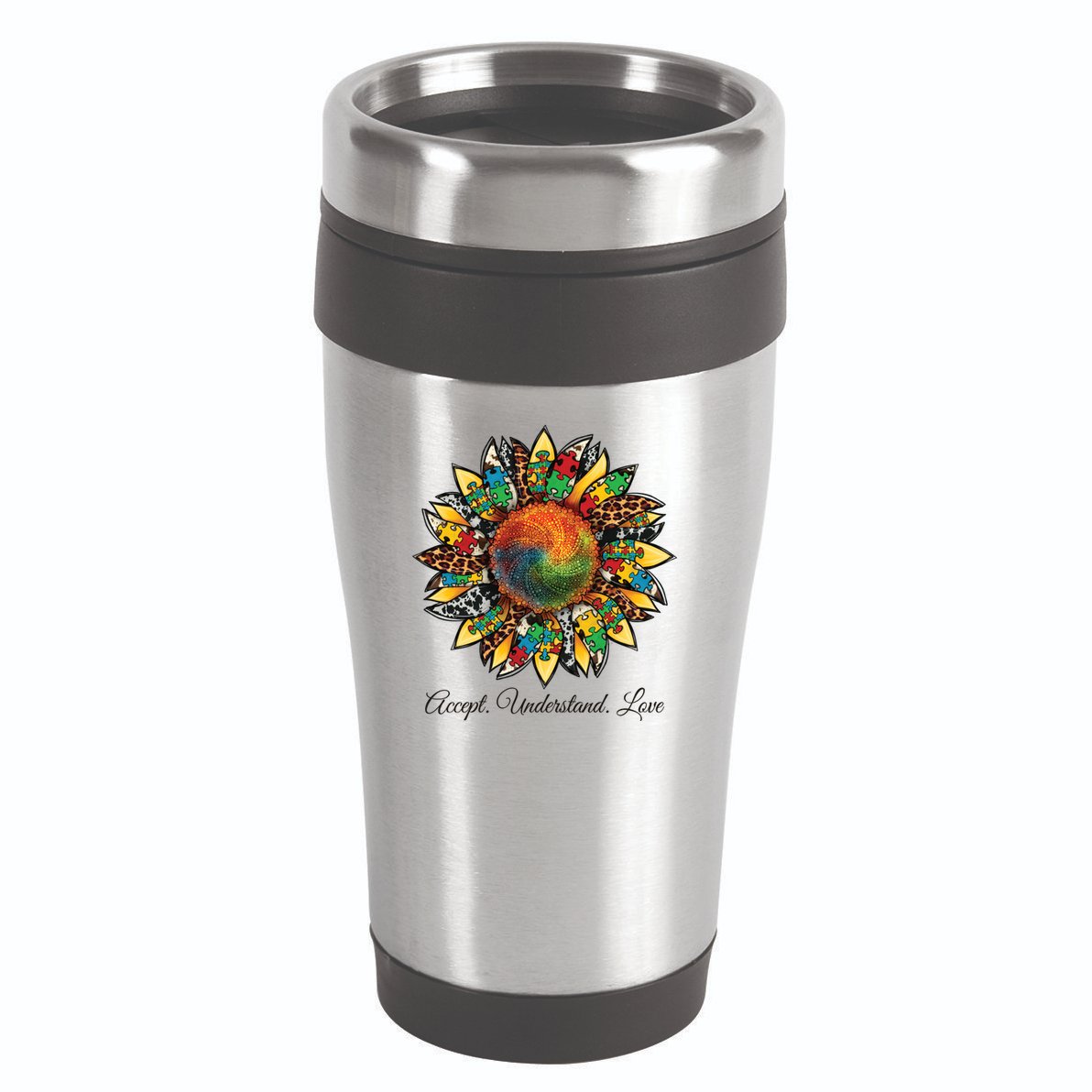 Accept Understand And Love Autism Awareness Sunflower 16oz Travel Tumbler