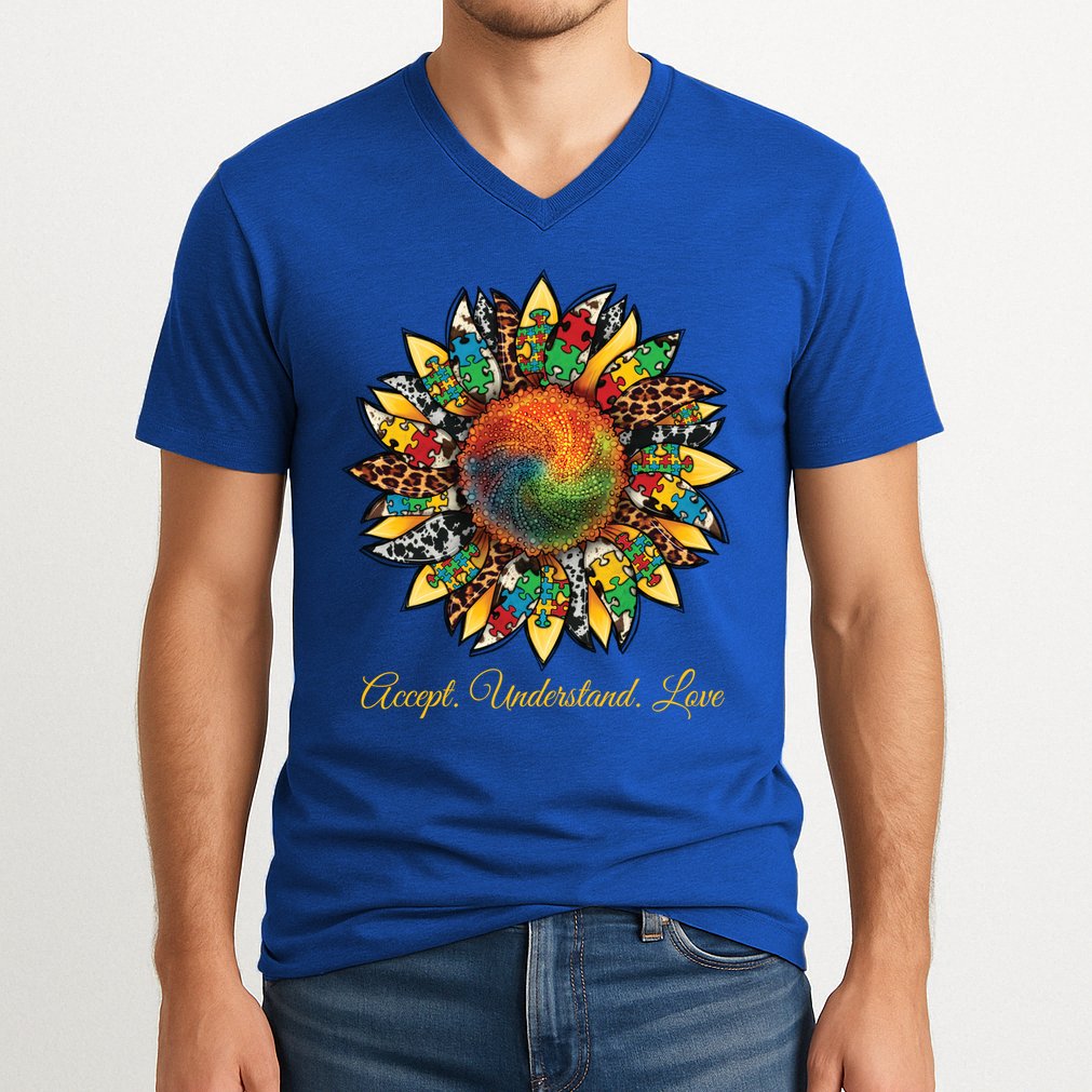 Accept Understand And Love Autism Awareness Sunflower V-Neck T-Shirt