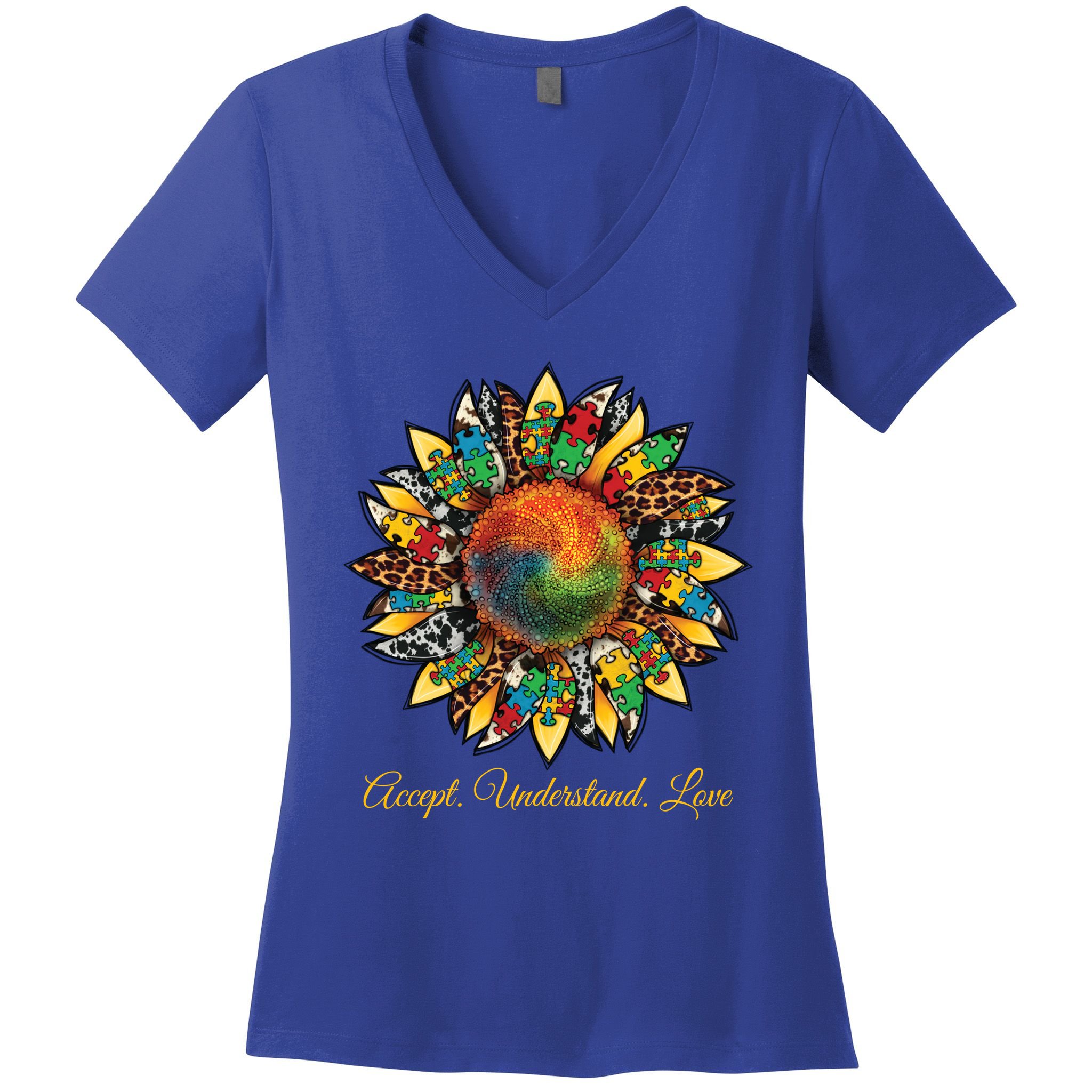 Accept Understand And Love Autism Awareness Sunflower Women's V-Neck T-Shirt