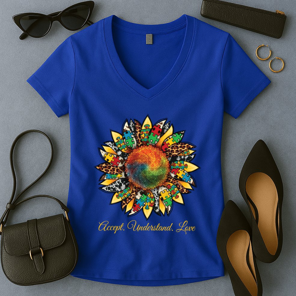Accept Understand And Love Autism Awareness Sunflower Women's V-Neck T-Shirt